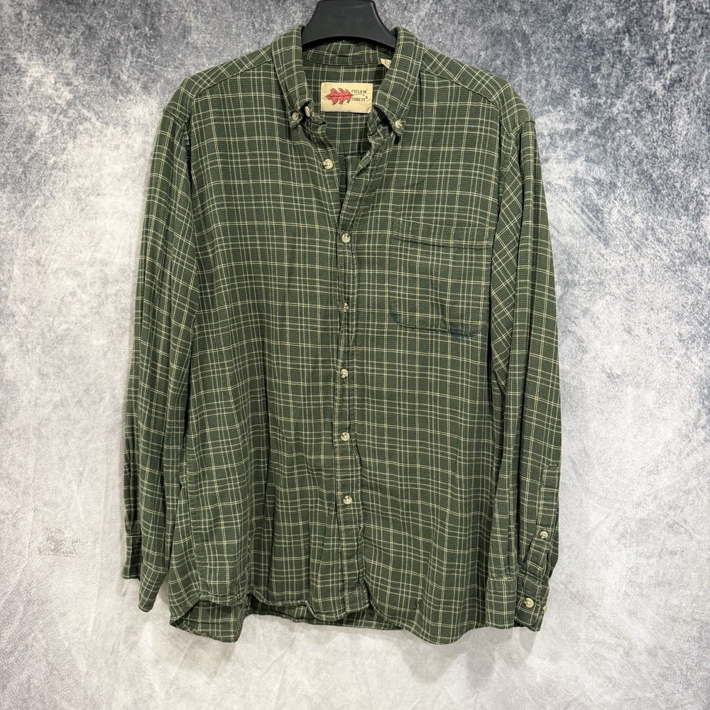 Field N Forest Mens Large Green Plaid Flannel Shirt Button Down Cotton Outdoor